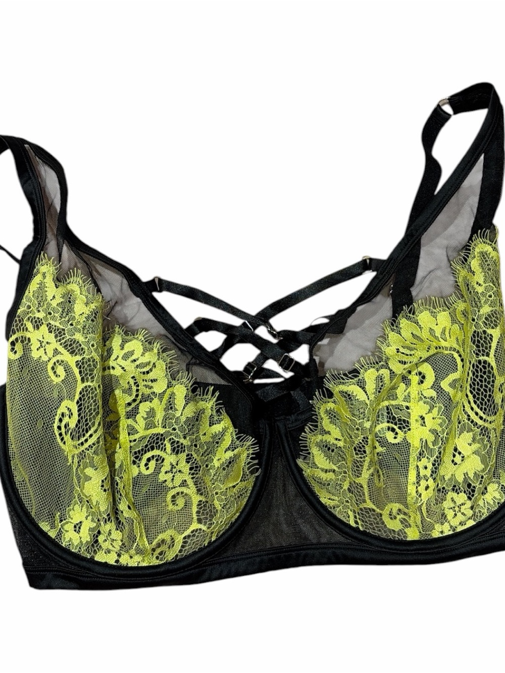 Sheer Black Bra with Neon Yellow Lace Accents